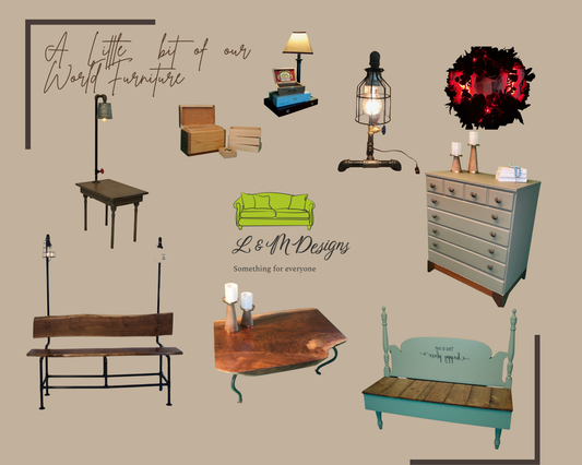 Unique handcrafted housewarming gifts including wreaths, furniture, and home decor by L & M Designs