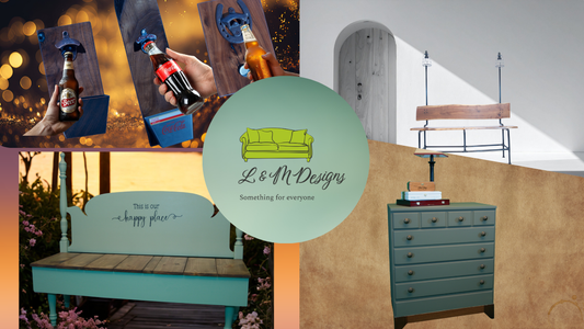 Sustainable handcrafted furniture and home decor by L & M Designs including upcycled dresser, custom bench, and bottle openers made from scrap wood demonstrating waste reduction