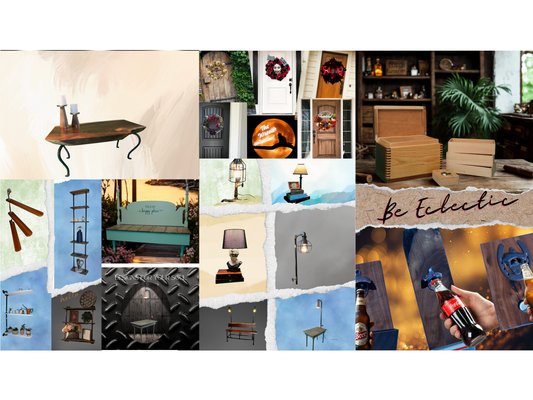 Eclectic furniture collection showing live-edge tables, industrial black pipe furniture, and mixed styles creating personality-filled spaces by L & M Designs