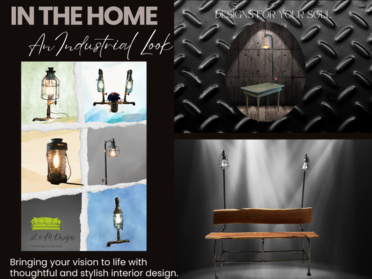 Industrial furniture styling showing black pipe benches, live-edge tables, and metal and wood furniture balanced with warm textiles and plants by L & M Designs