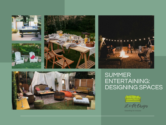 Summer entertaining outdoor spaces — patio dining, fire pit gathering, and garden lounge areas — L & M Designs