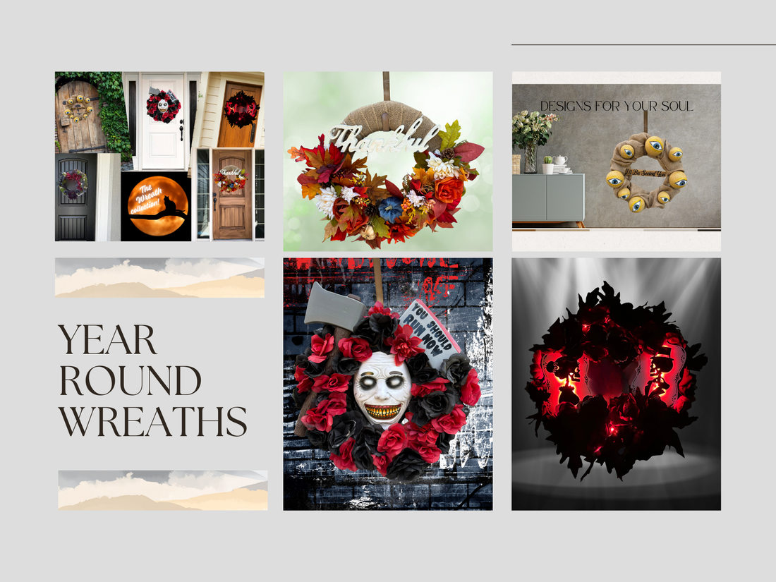 Seasonal and year-round handcrafted wreaths showing spring florals, fall harvest, winter evergreen, and neutral greenery designs by L & M Designs