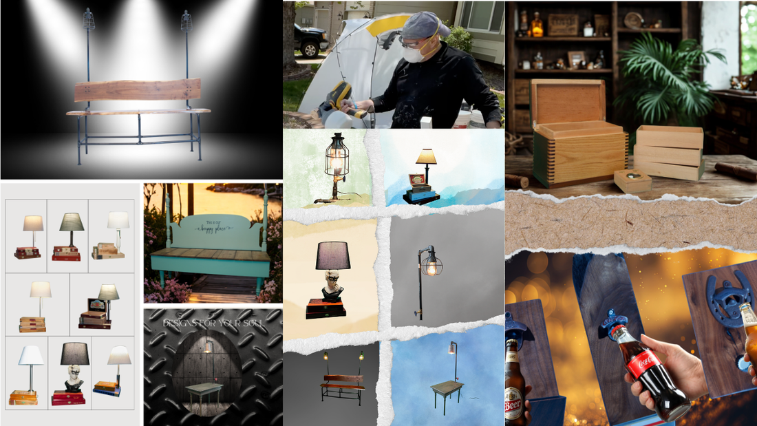 Upcycled furniture and home decor creation process at L & M Designs showing artisan crafting handmade lamps, benches, bottle openers, and wooden boxes from reclaimed materials