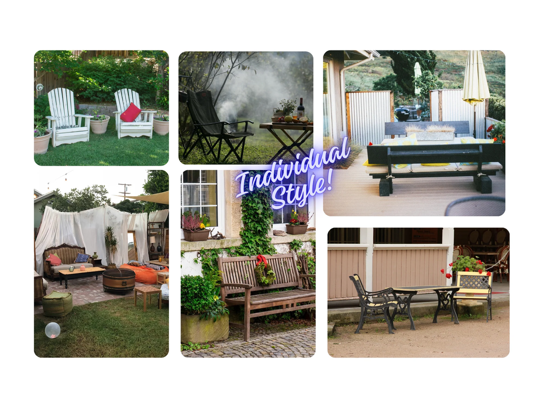 Collage of outdoor spaces with individual style — Adirondack chairs, garden benches, patio seating, and eclectic outdoor furniture arrangements — Individual Style!