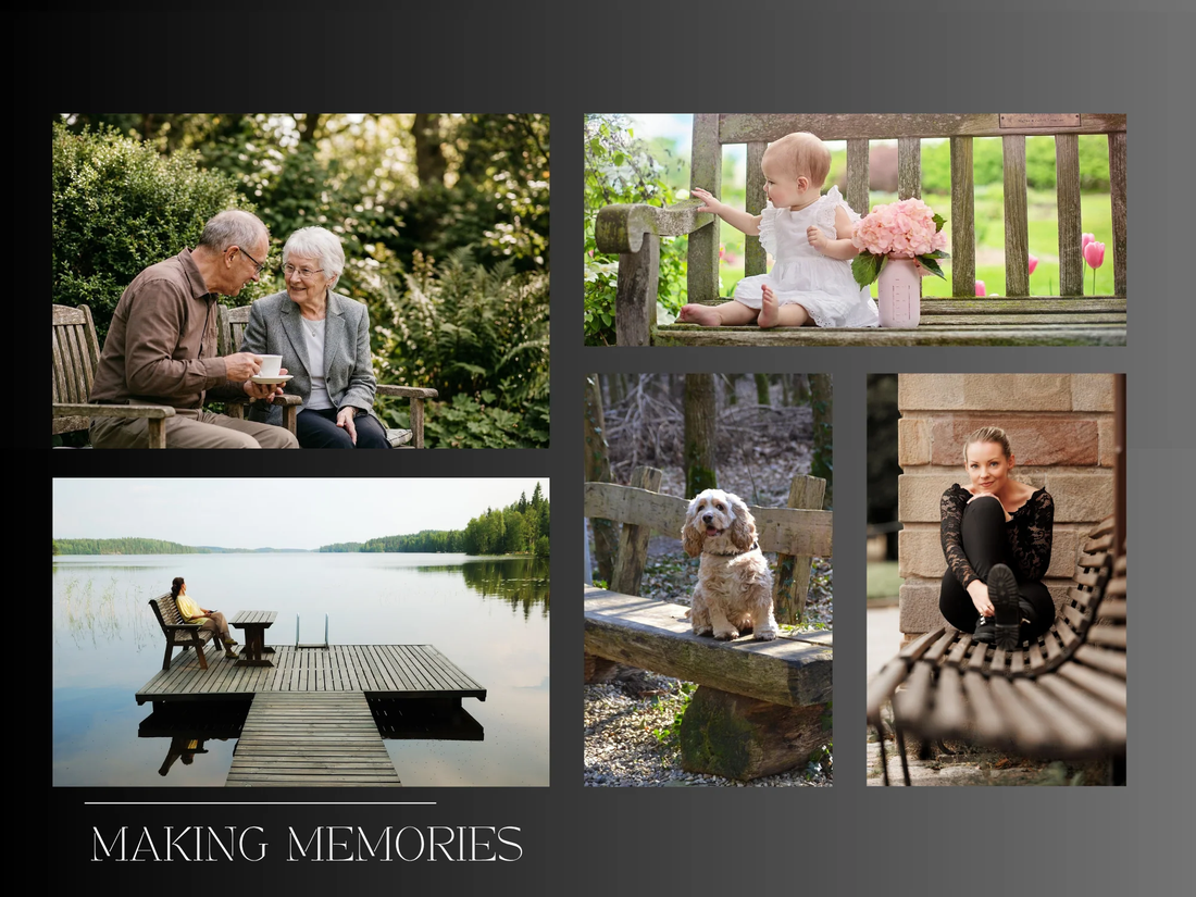 Collage of people enjoying garden benches — couples sharing coffee, a baby on a bench, a dog on a dock, and a woman relaxing outdoors — Making Memories