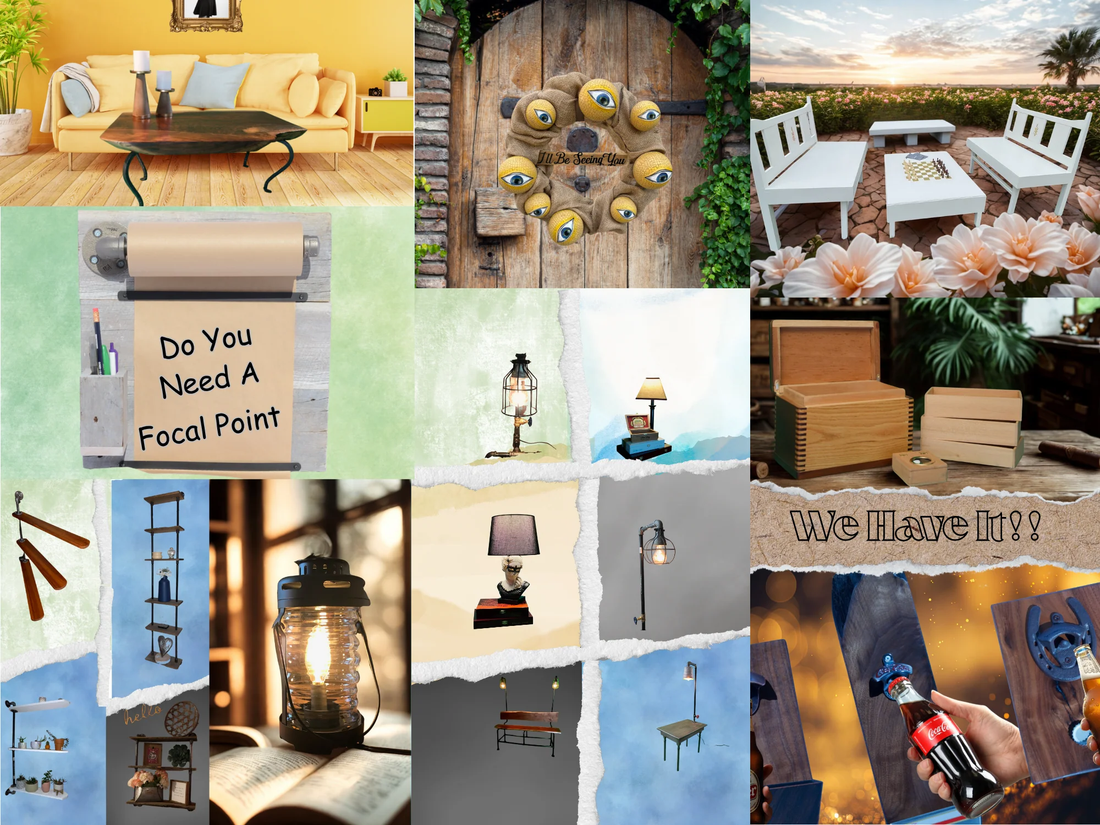 Collage of L & M Designs products including lamps, benches, wreaths, and home decor — Do You Need A Focal Point? We Have It!!
