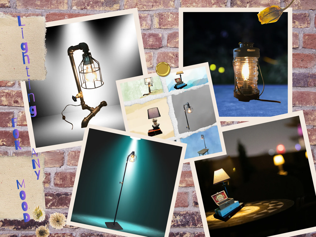Collage of handcrafted and decorative outdoor lighting styles including industrial pipe lamps, lanterns, string lights, and accent lamps — Lighting for Any Mood