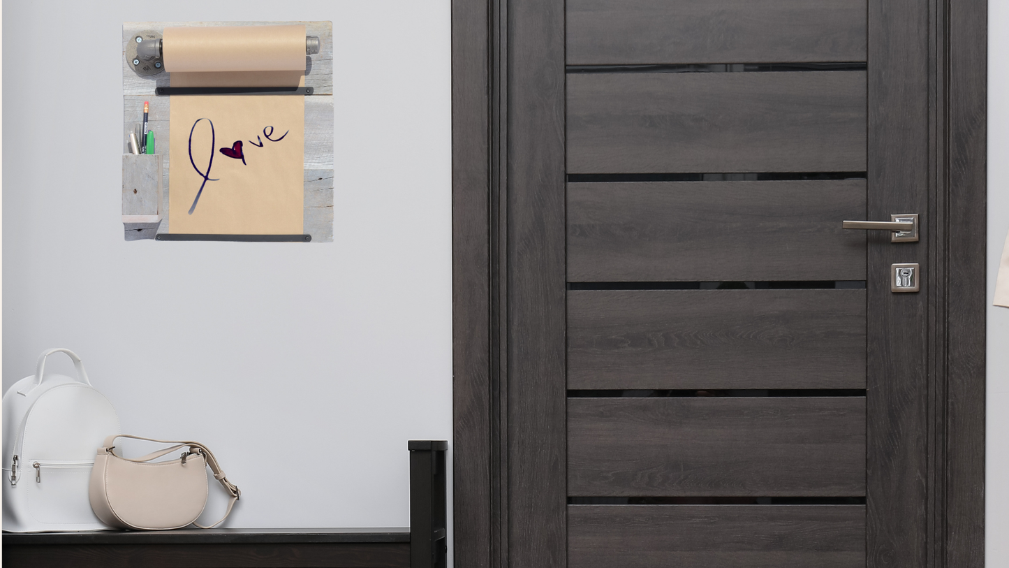Barn Wood Message Board with Paper Roll | Rustic Wall Organizer for Kitchen or Entryway