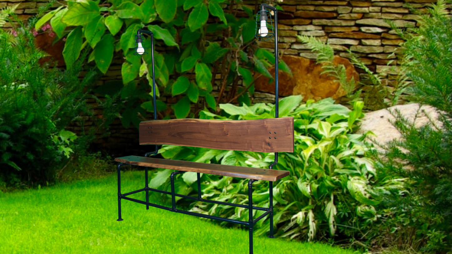 Handcrafted Walnut and Black Pipe Bench | Industrial Garden, Patio, or Entryway Seating | L&M Designs