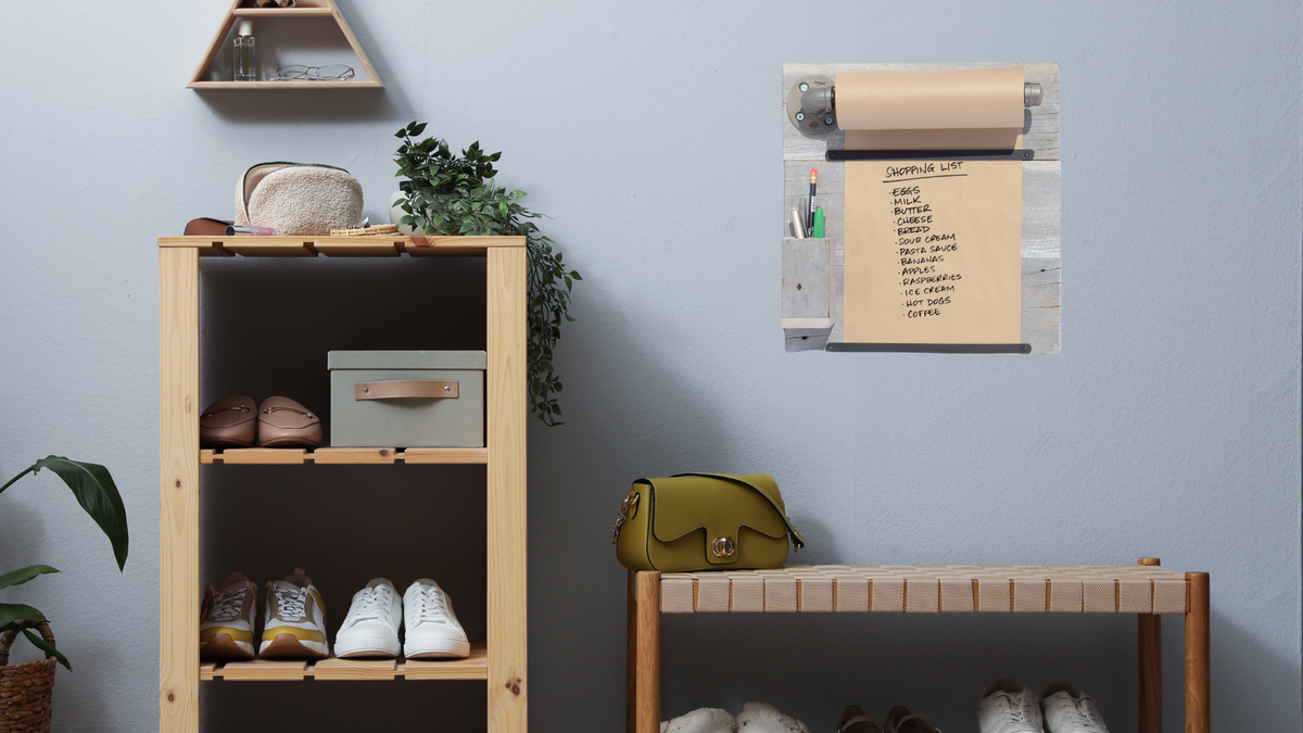 Barn Wood Message Board with Paper Roll | Rustic Wall Organizer for Kitchen or Entryway