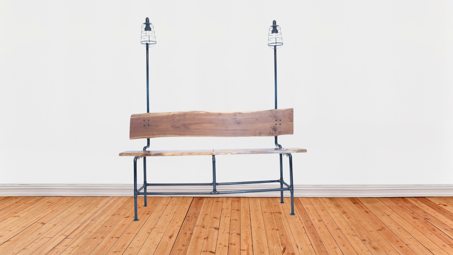 Handcrafted Walnut and Black Pipe Bench | Industrial Garden, Patio, or Entryway Seating | L&M Designs