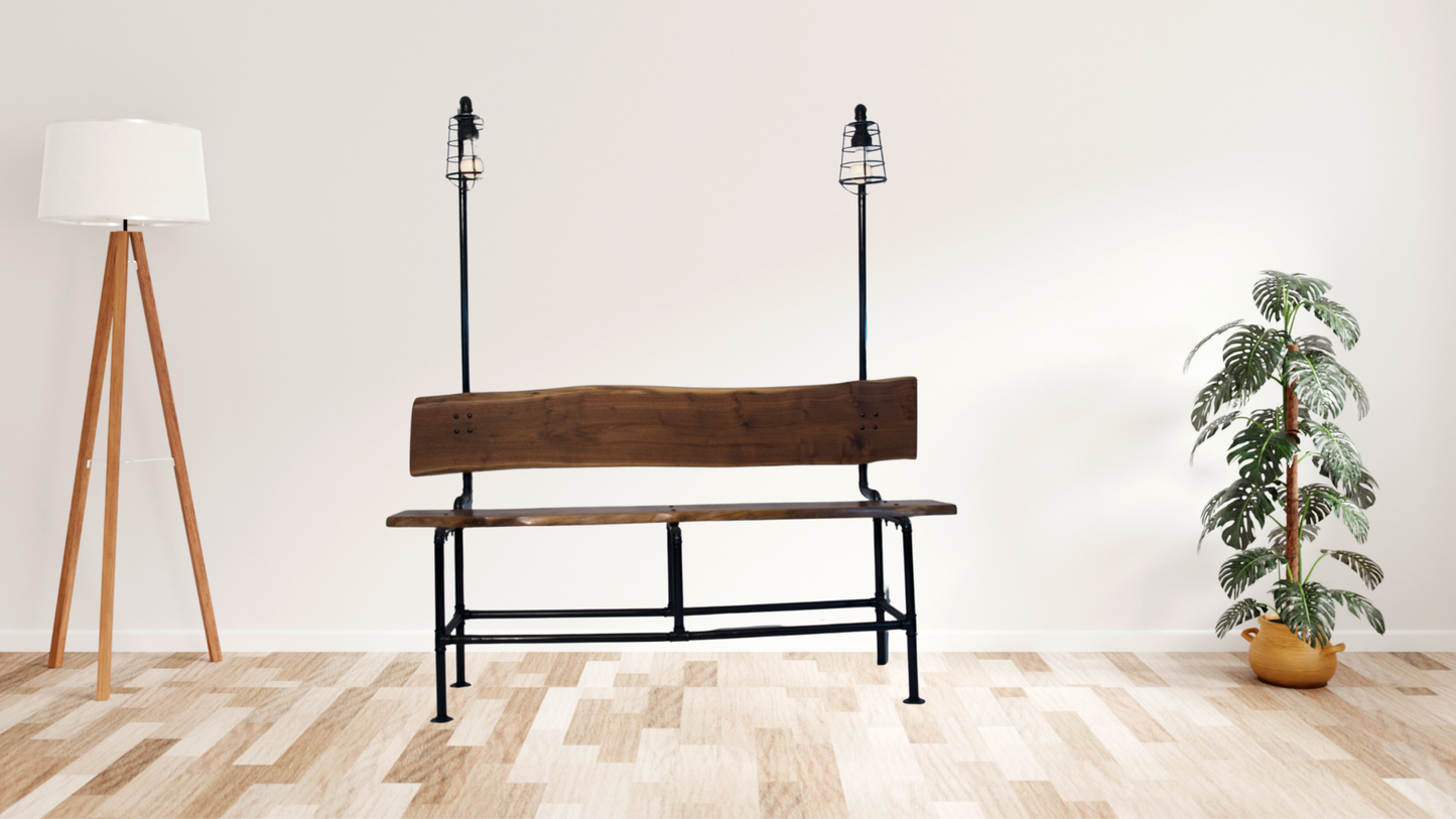 Handcrafted Walnut and Black Pipe Bench | Industrial Garden, Patio, or Entryway Seating | L&M Designs