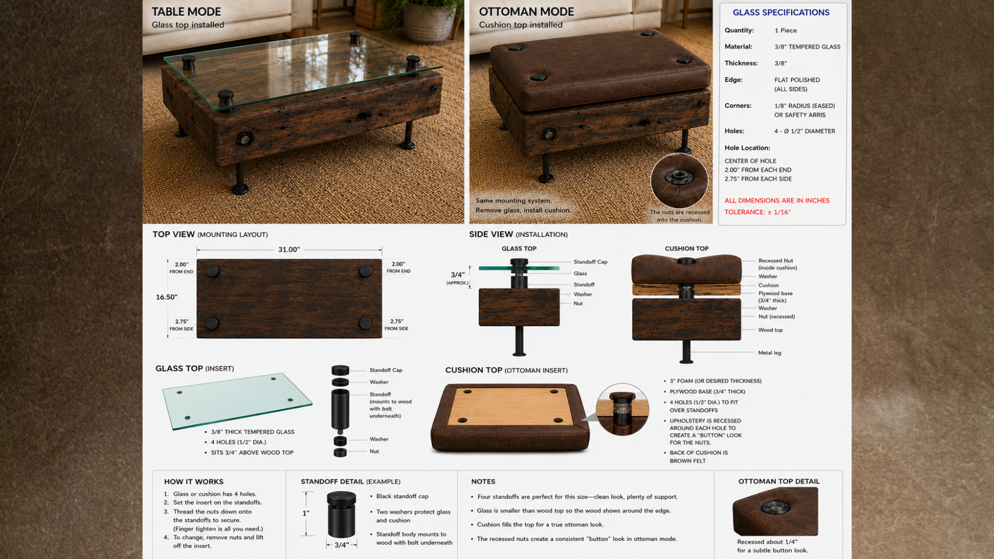 Handcrafted Reclaimed Railroad Tie Convertible Coffee Table & Ottoman