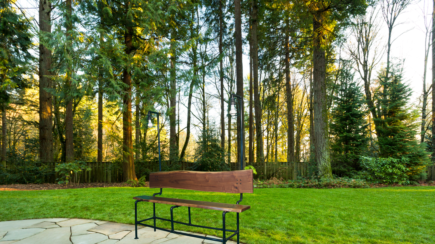 Handcrafted Walnut and Black Pipe Bench | Industrial Garden, Patio, or Entryway Seating | L&M Designs